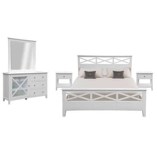 LUGANO HAMPTONS STYLE ACACIA 4 PIECE KING BEDROOM SUITE: 1 KING BED 1 DRESSER MIRROR 2 BEDSIDE TABLES - MyChocolateWood
