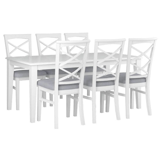 LUGANO HAMPTONS STYLE ACACIA 7 PIECE DINING SET DINING TABLE 180CM + 6 FABRIC SEAT DINING CHAIRS - MyChocolateWood