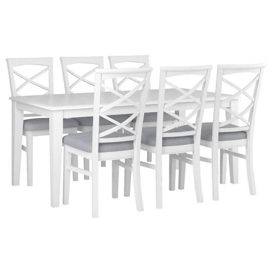 LUGANO HAMPTONS STYLE ACACIA 7 PIECE DINING SET DINING TABLE 180CM + 6 FABRIC SEAT DINING CHAIRS - MyChocolateWood
