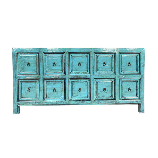 LUZHOU H25 CHINESE ANTIQUE RECYCLED  PINE TIMBER BUFFET/SIDEBOARD 10 DRAWERS TURQUOISE - MyChocolateWood