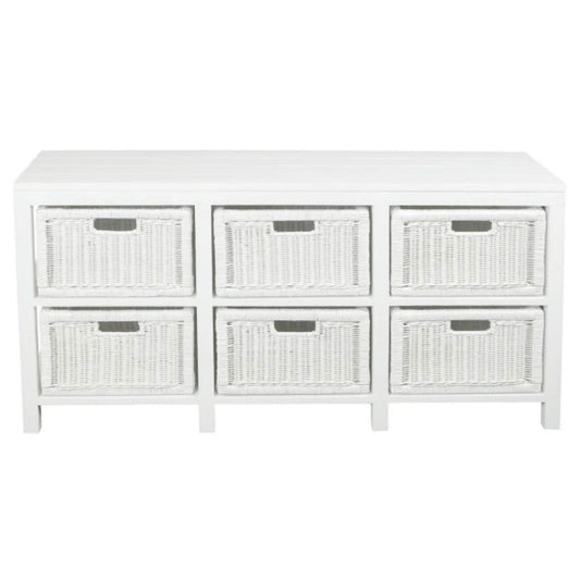 Magento Solid Mahogany & Wicker 6-Drawer Dresser in White - Chocolate Wood