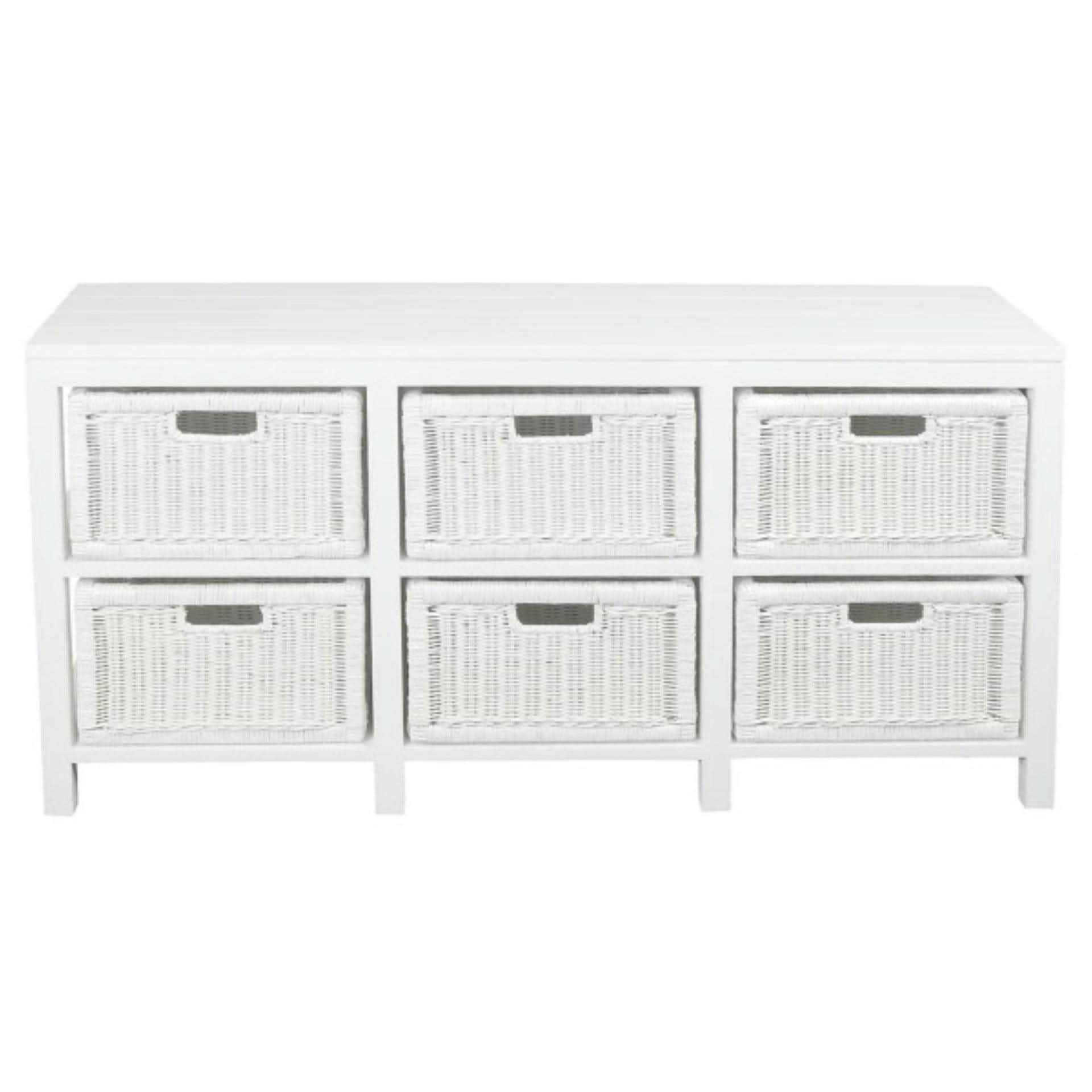Magento Solid Mahogany & Wicker 6-Drawer Dresser in White - Chocolate Wood