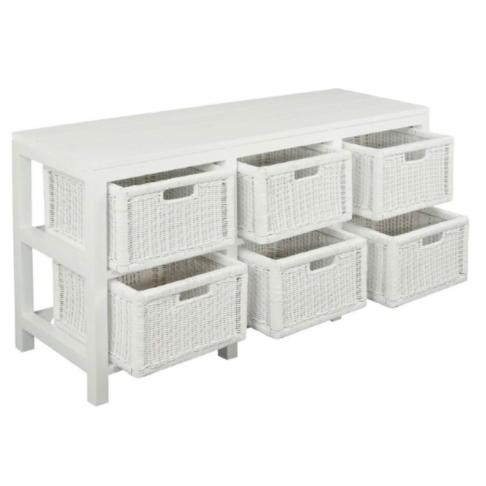 Magento Solid Mahogany & Wicker 6-Drawer Dresser in White - Chocolate Wood