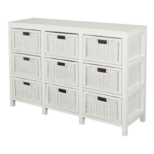 MAGENTO SOLID MAHOGANY TIMBER WOOD & WICKER 9 DRAWERS JUMBO SIZE DRESSER IN WHITE - MyChocolateWood