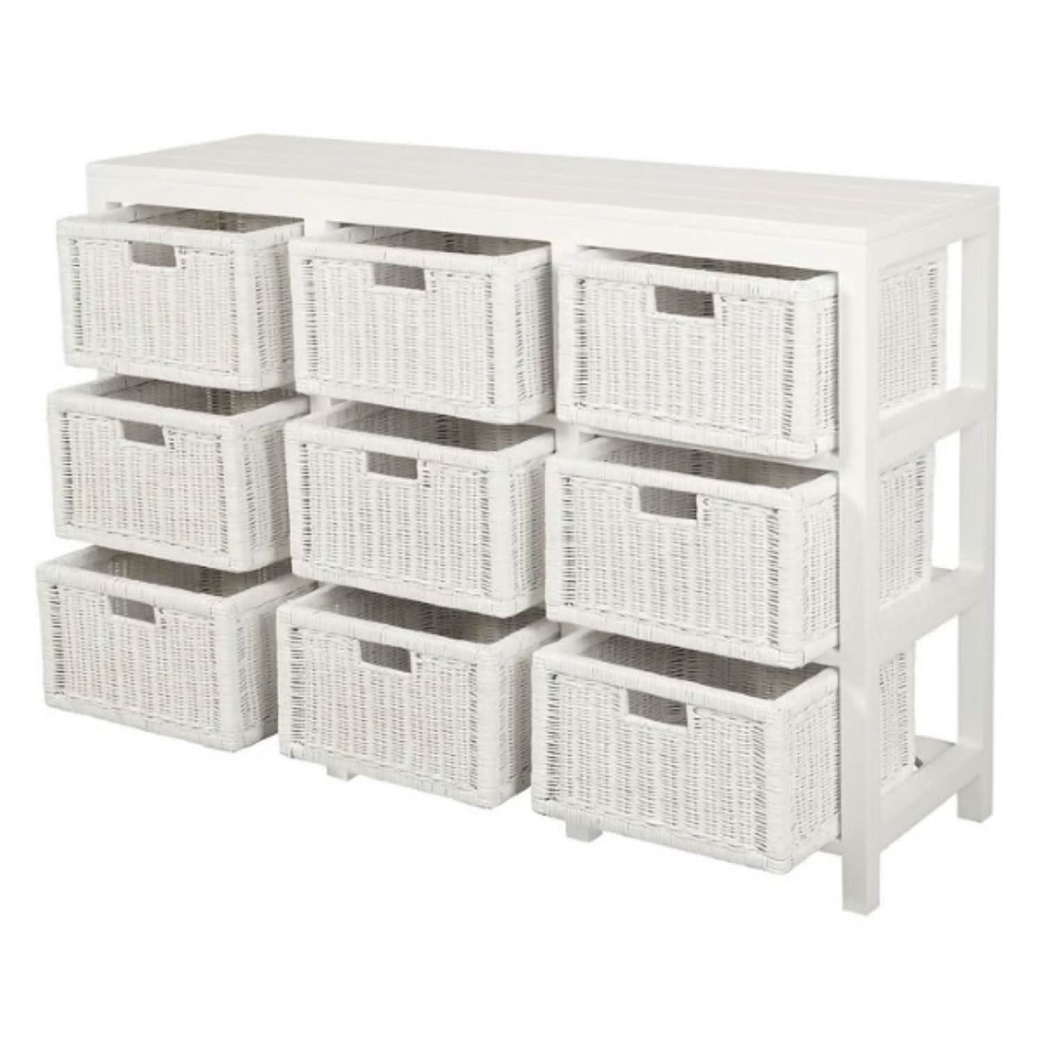 MAGENTO SOLID MAHOGANY TIMBER WOOD & WICKER 9 DRAWERS JUMBO SIZE DRESSER IN WHITE - MyChocolateWood