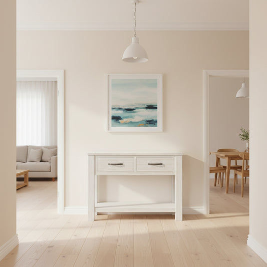 MANLY 110CM 2 DRAWERS CONSOLE/HALL TABLE IN BRUSHED WHITEWASH - MyChocolateWood