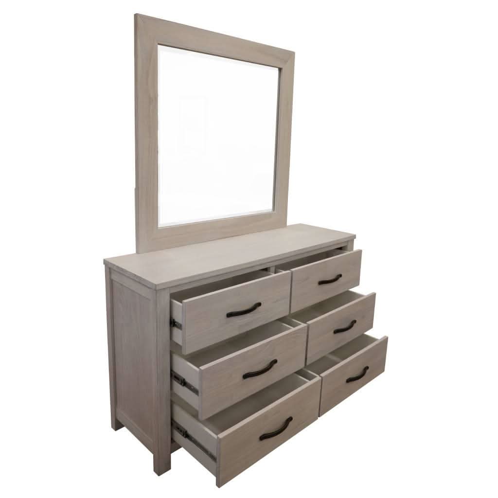 MANLY 6 DRAWER DRESSER IN BRUSHED WHITEWASH + MIRROR 132CM - MyChocolateWood