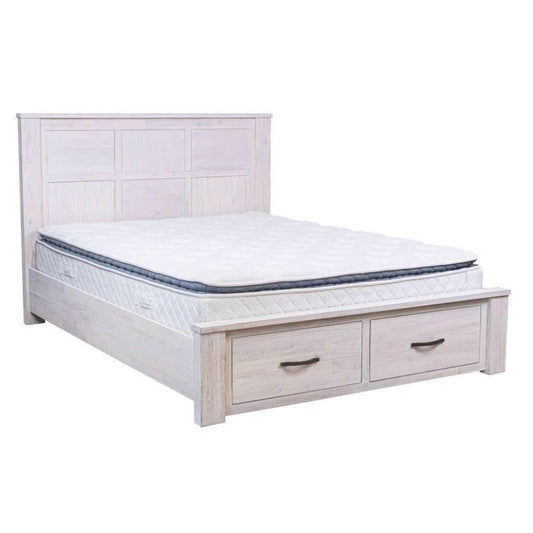 Manly Bed with 2 Drawers in Brushed Whitewash, Double - Chocolate Wood