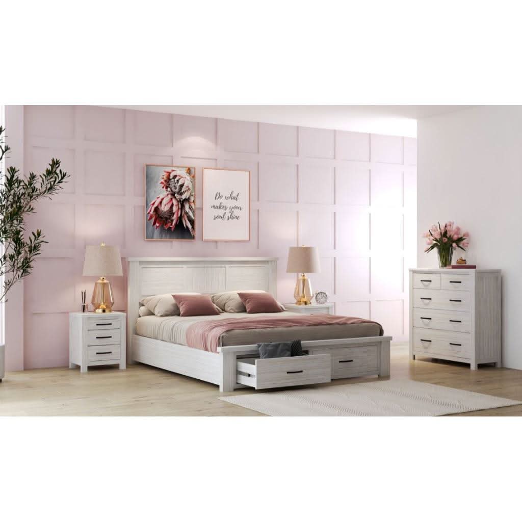 Manly King Bed, Tallboy & 2 Bedside Tables Package in Brushed Whitewash - Chocolate Wood