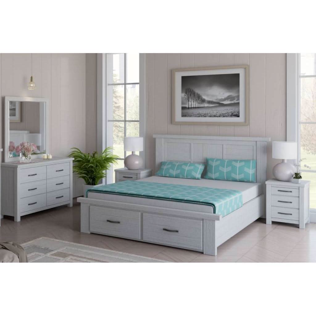 Manly Queen Bed, Dresser, Mirror & 2 Bedside Tables Package in Brushed Whitewash - Chocolate Wood