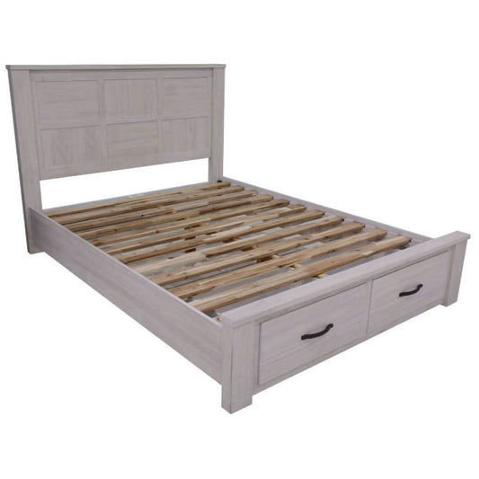 MANLY QUEEN SIZE BED WITH 2 DRAWERS IN BRUSHED WHITEWASH - MyChocolateWood