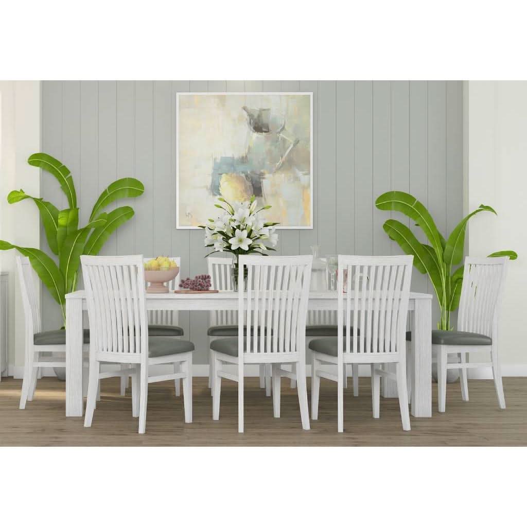 MANLY SOLID MOUNTAIN ASH TIMBER DINING TABLE 225 CM. + 8 MANLY DINING CHAIRS IN BRUSHED WHITEWASH PACKAGE DEAL - MyChocolateWood