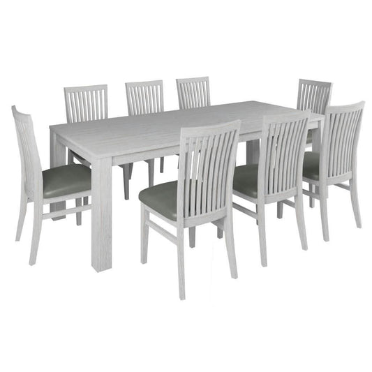 Manly Solid Mountain Ash Timber Dining Table 225 cm with 8 Manly Dining Chairs in brushed whitewash finish.