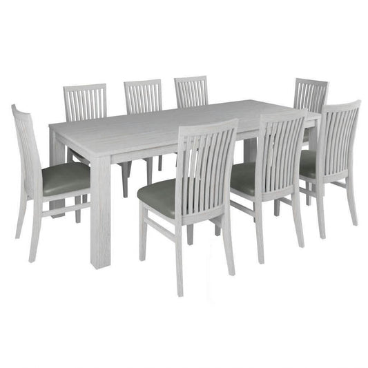 Manly Solid Mountain Ash Timber Dining Table 225 cm with 8 Manly Dining Chairs in brushed whitewash finish.