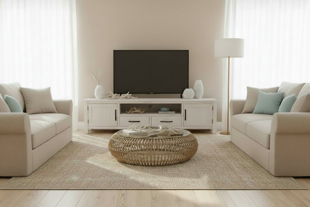 MANLY SOLID MOUNTAIN ASH TV/ENTERTAINMENT UNIT 2 DOORS 2 DRAWERS BRUSHED WHITEWASH COLOUR 216CM - MyChocolateWood