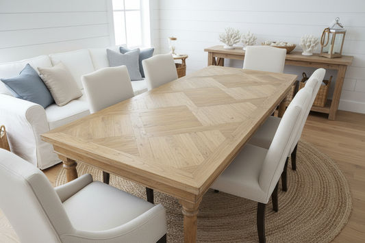 MARCIA SOLID RECYCLED ELM DINING TABLE PARQUETRY TOP 150CM - MyChocolateWood