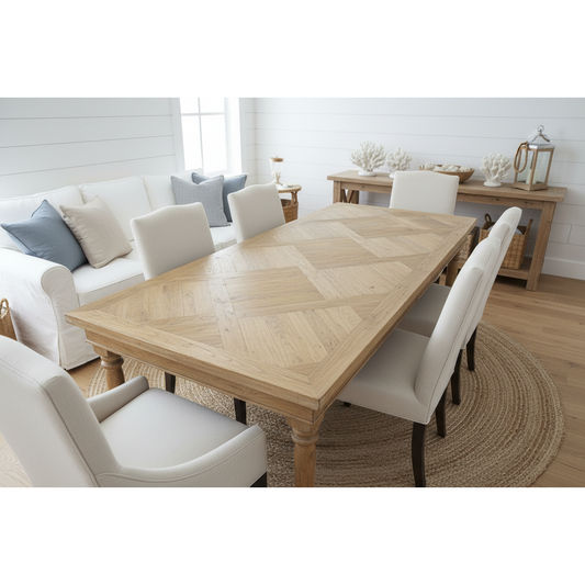 MARCIA SOLID RECYCLED ELM DINING TABLE PARQUETRY TOP 150CM - MyChocolateWood