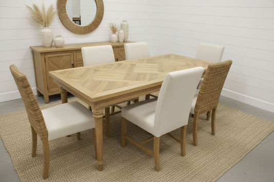 MARCIA SOLID RECYCLED ELM DINING TABLE PARQUETRY TOP 150CM - MyChocolateWood