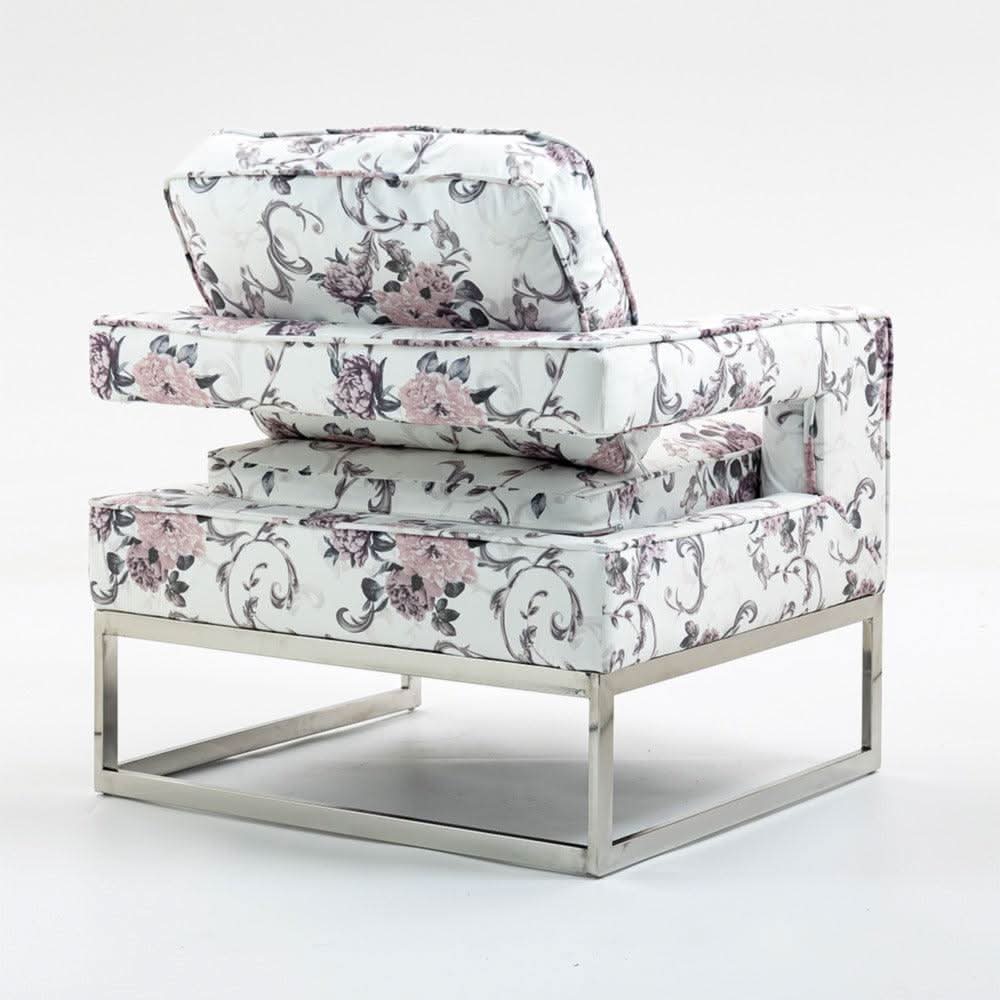 MARIS FLORAL ARMCHAIR WITH CHROMED METAL LEGS - MyChocolateWood