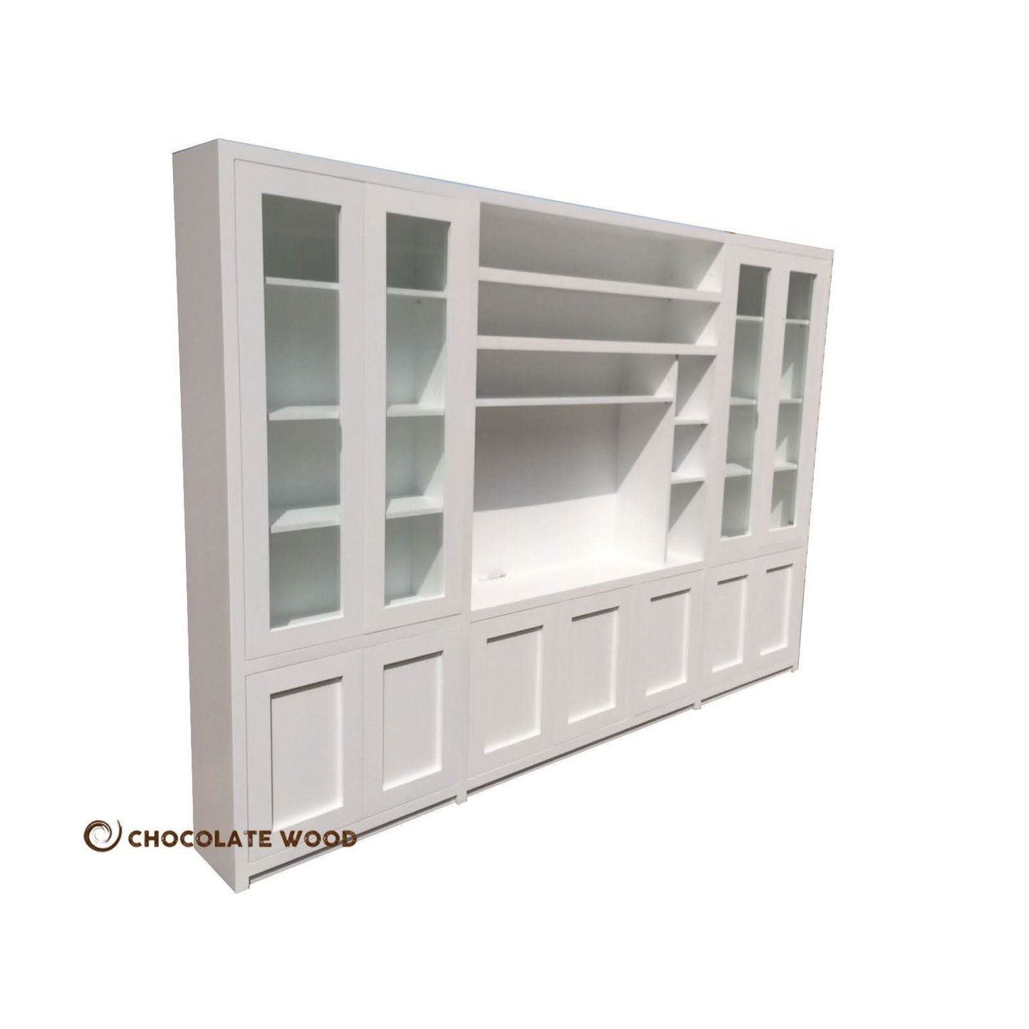 Marquis 4-piece wall unit TV entertainment center and bookshelf by Chocolate Wood with open shelves and closed cabinets.