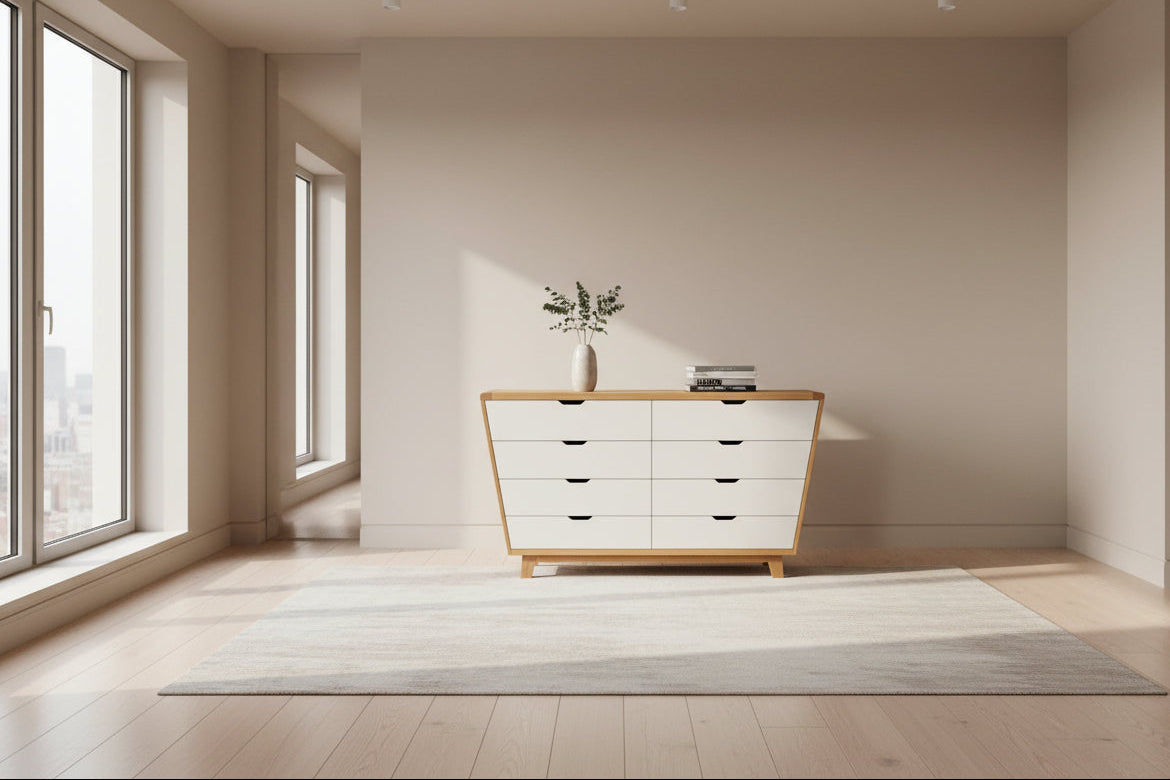 MAXWELL 8 DRAWER TASSIE OAK DRESSER IN CLEAR LACQUER MADE TO ORDER - MyChocolateWood