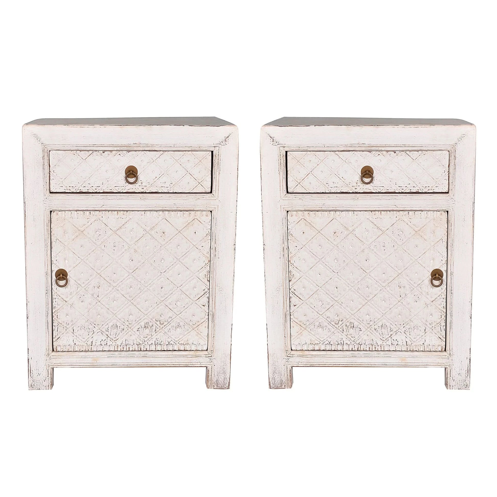 MAYLEEN PAIR OF RECLAIMED TIMBER BEDSIDE TABLES 1 DRAWER 1 DOOR WHITE - MyChocolateWood