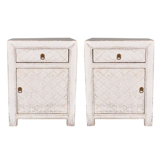 MAYLEEN PAIR OF RECLAIMED TIMBER BEDSIDE TABLES 1 DRAWER 1 DOOR WHITE - MyChocolateWood