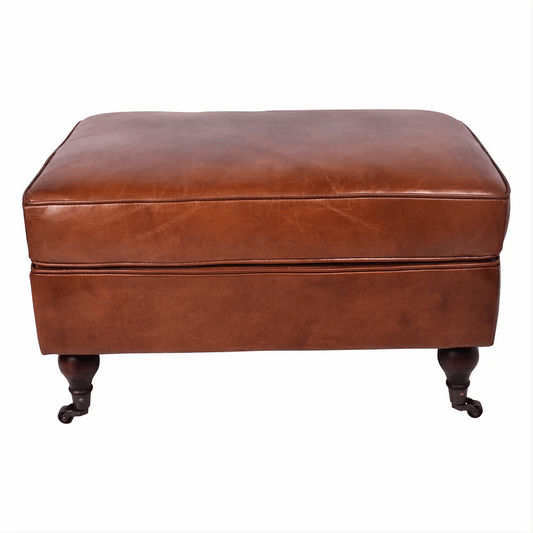 MEDITERRANEAN AGED LEATHER OTTOMAN IN ORIGINAL AGED LEATHER