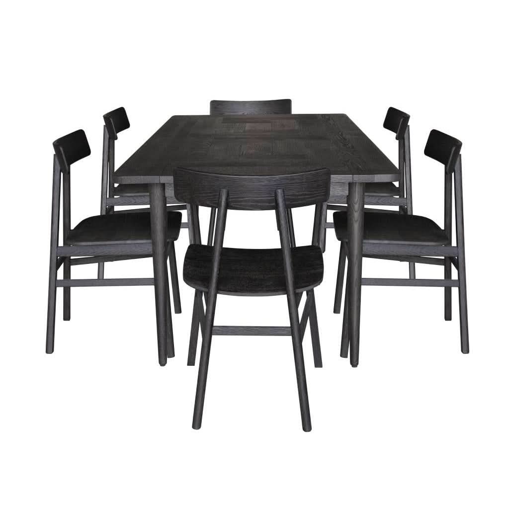 MEDRANO OAK 7 PIECE DINING SET SANDBLASTED BLACK 180CM DINING TABLE + 6 MEDRANO TIMBER SEAT DINING CHAIRS - MyChocolateWood