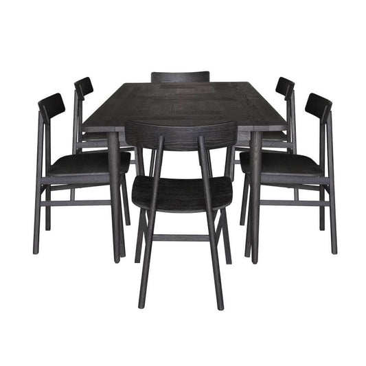 Medrano Oak 7-piece dining set with sandblasted black finish, 180cm table and six timber seat chairs by MyChocolateWood.