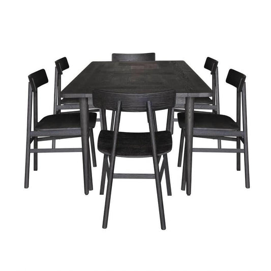 Medrano Oak 7-piece dining set with sandblasted black finish, 180cm table and six timber seat chairs by MyChocolateWood.