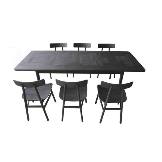 Medrano Oak 7-piece dining set with sandblasted black extension table and six timber seat chairs, stylish and modern for dining rooms.