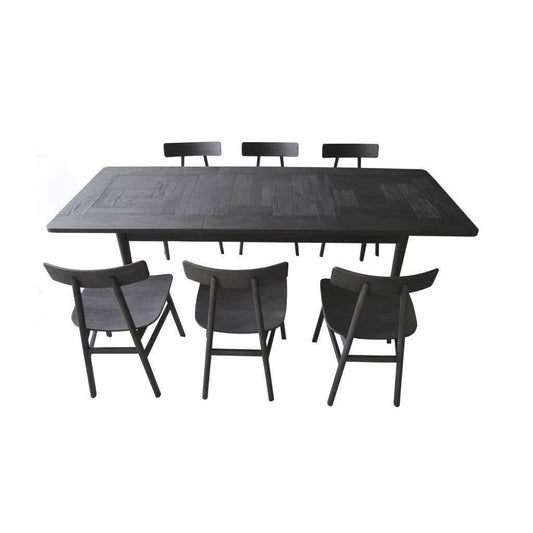 Medrano Oak 7-piece dining set with sandblasted black extension table and six timber seat chairs, stylish and modern for dining rooms.