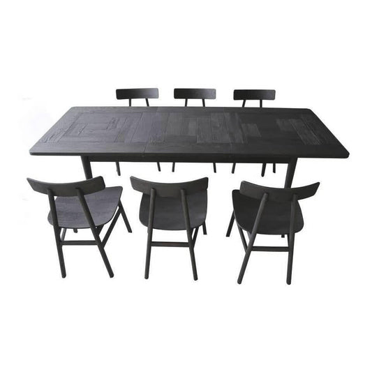 Medrano Oak 7-piece dining set with sandblasted black extension table and six timber seat chairs, stylish and modern for dining rooms.