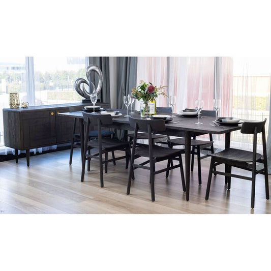 MEDRANO OAK 7 PIECE DINING SET SANDBLASTED BLACK EXTENSION DINING TABLE 170/230CM + 6 MEDRANO TIMBER SEAT DINING CHAIRS - MyChocolateWood