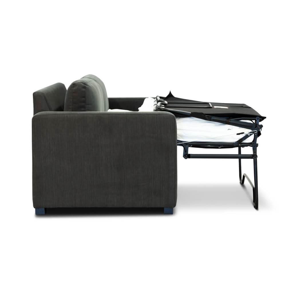 MELINDA FABRIC PULLOUT SOFA BED WITH MEMORY FOAM QUEEN MATTRESS IN CHARCOAL - MyChocolateWood