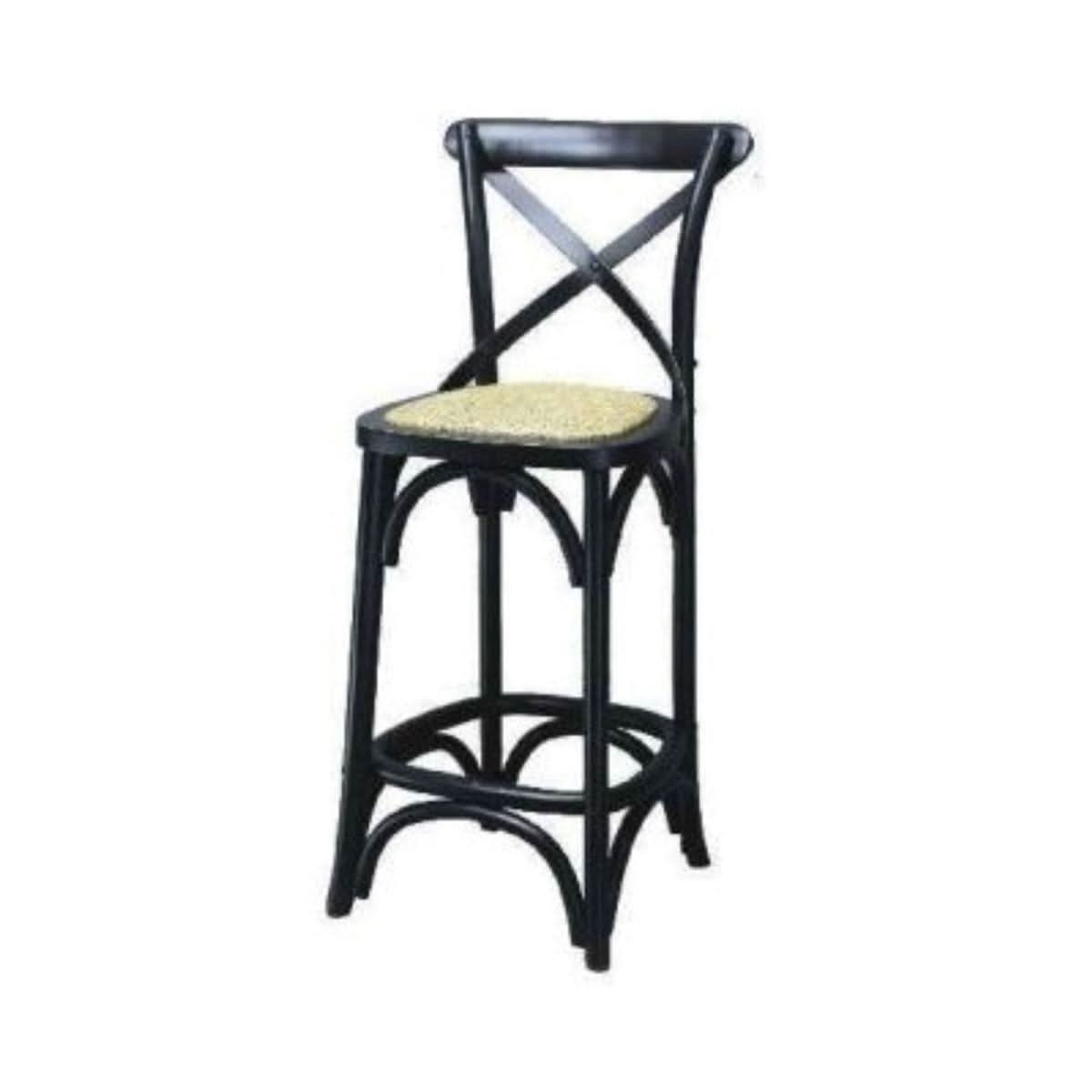 MELROSE CROSS BACK BAR STOOL WITH RATTAN SEAT IN BLACK - 65CM SEAT HEIGHT - MyChocolateWood