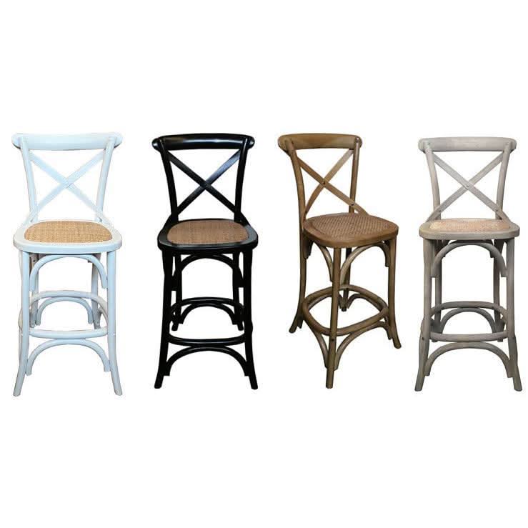 MELROSE CROSS BACK BAR STOOL WITH RATTAN SEAT IN BLACK - 65CM SEAT HEIGHT - MyChocolateWood