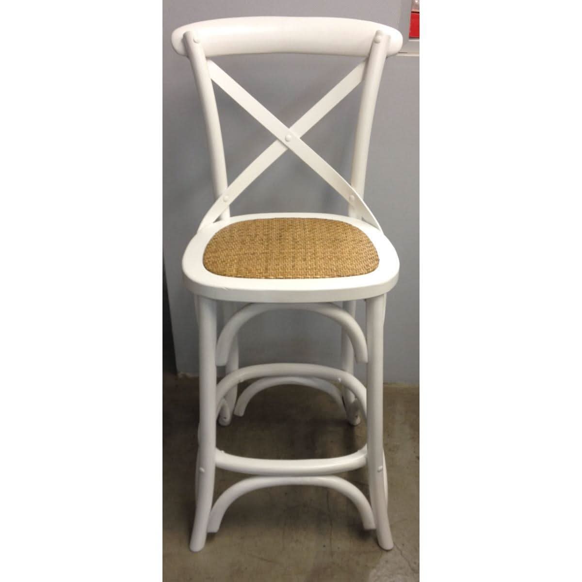 MELROSE CROSS BACK BAR STOOL WITH RATTAN SEAT IN WHITE - 65CM SEAT HEIGHT - MyChocolateWood