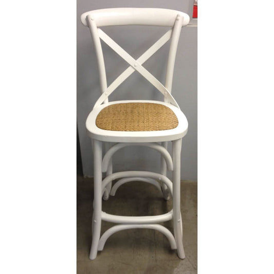 MELROSE CROSS BACK BAR STOOL WITH RATTAN SEAT IN WHITE - 65CM SEAT HEIGHT - MyChocolateWood