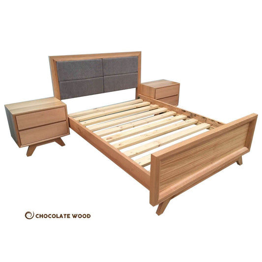 MIRANDA QUEEN BED + 2 BEDSIDE TABLES IN SOLID TASSIE OAK TIMBER CUSTOM MADE TO ORDER