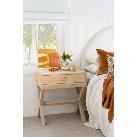 MONFORT MAHOGANY FRAME RAFFIA 1 DRAWER BEDSIDE TABLE NIGHTSTAND SANDBAR - MyChocolateWood