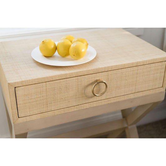 MONFORT MAHOGANY FRAME RAFFIA 1 DRAWER BEDSIDE TABLE NIGHTSTAND SANDBAR