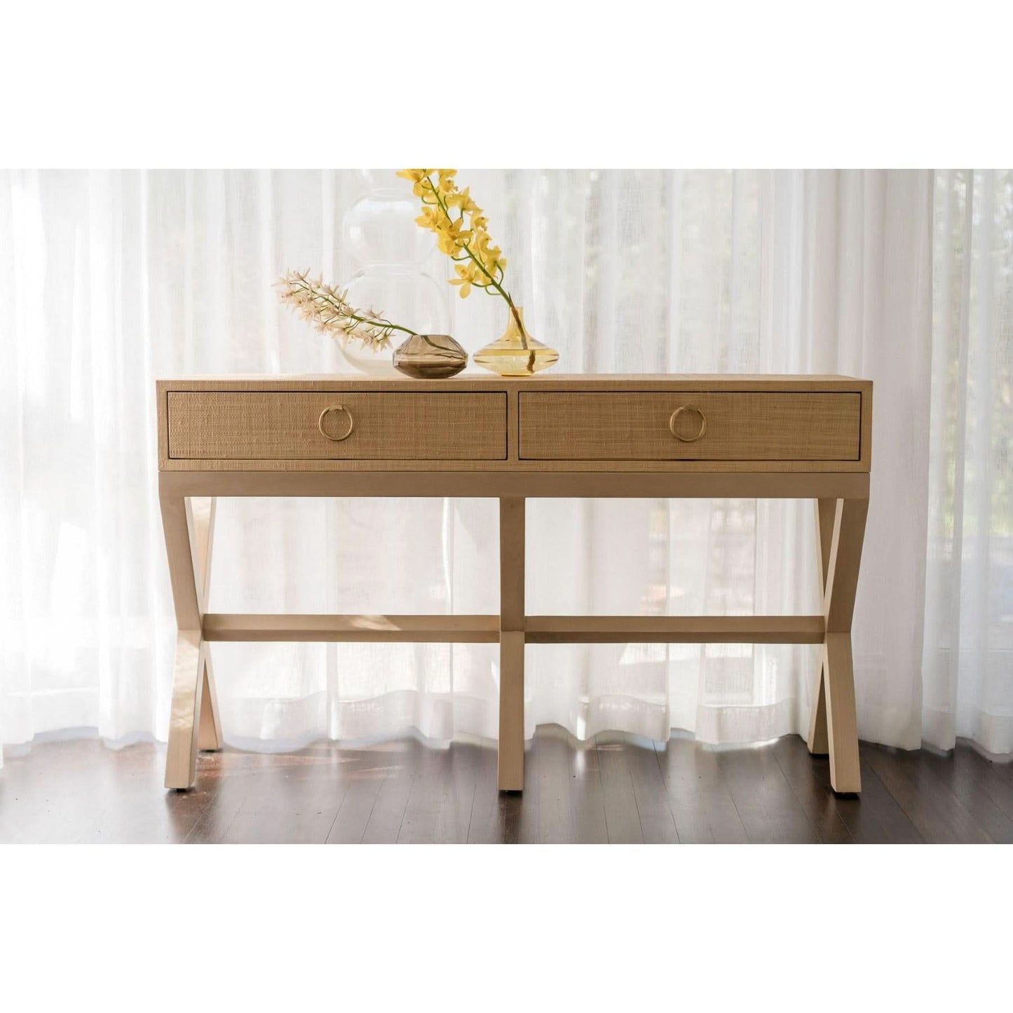 MONFORT MAHOGANY FRAME RAFFIA WRAPPED HALL TABLE/CONSOLE TABLE 2 DRAWERS SANDBAR - MyChocolateWood