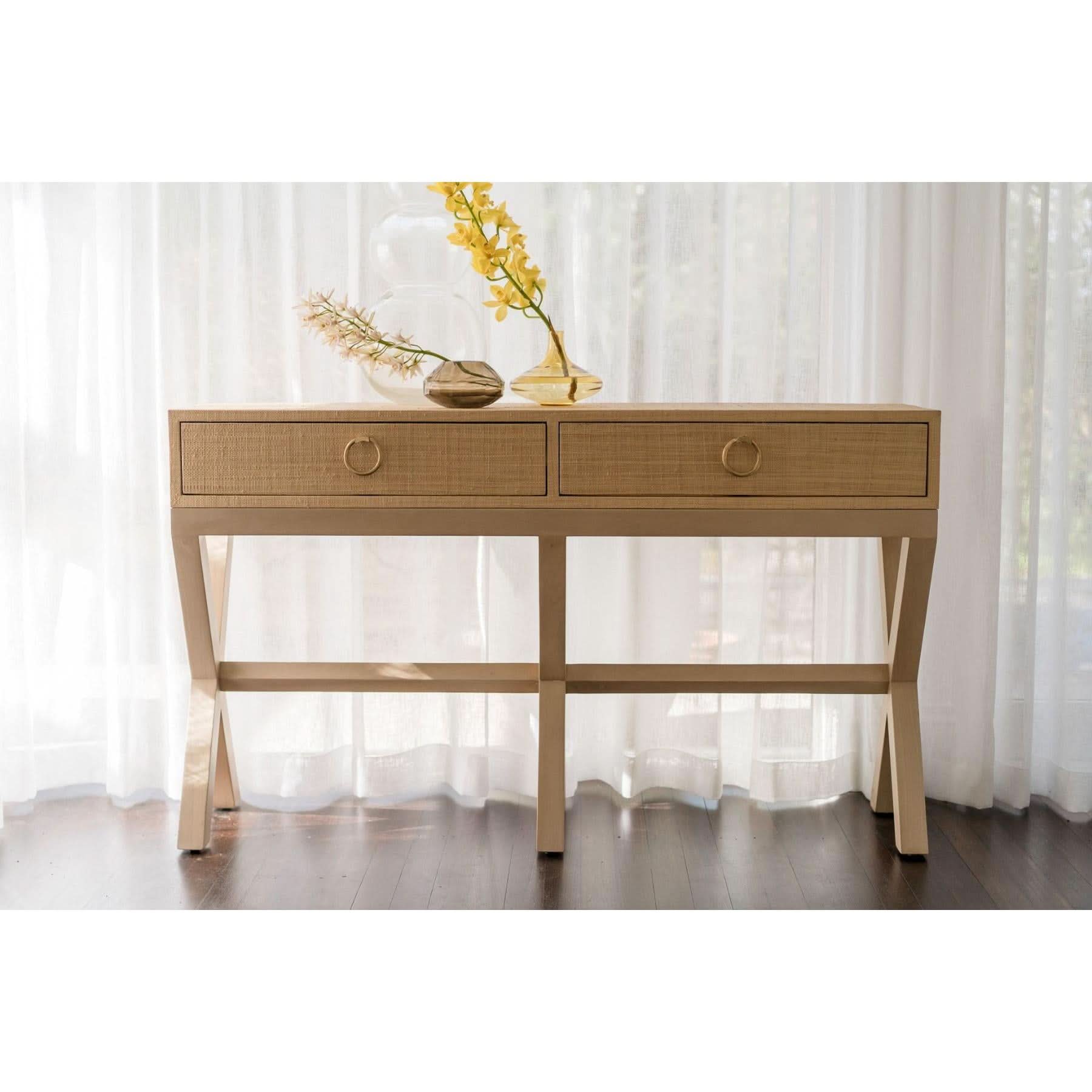 MONFORT MAHOGANY FRAME RAFFIA WRAPPED HALL TABLE/CONSOLE TABLE 2 DRAWERS SANDBAR - MyChocolateWood