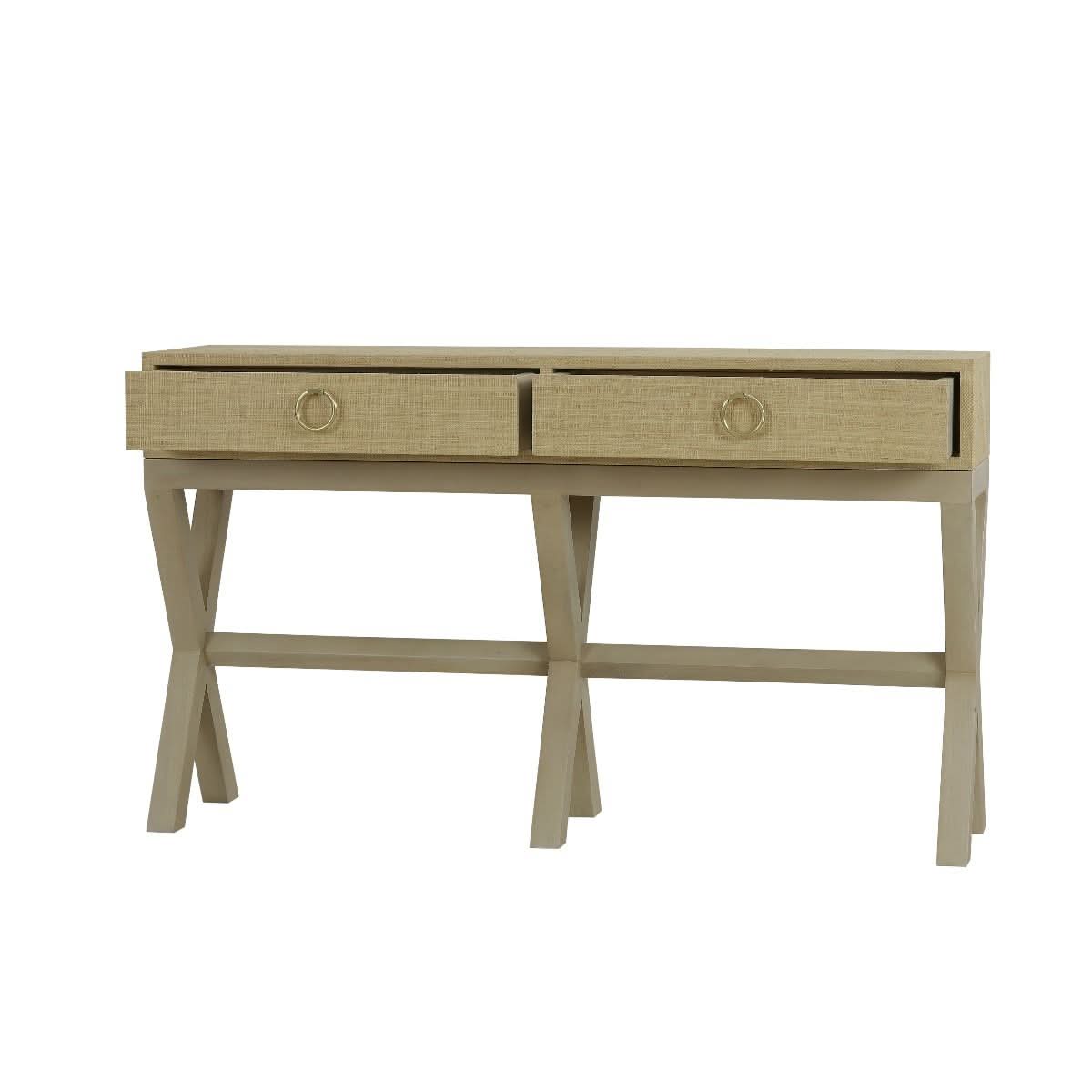 MONFORT MAHOGANY FRAME RAFFIA WRAPPED HALL TABLE/CONSOLE TABLE 2 DRAWERS SANDBAR - MyChocolateWood