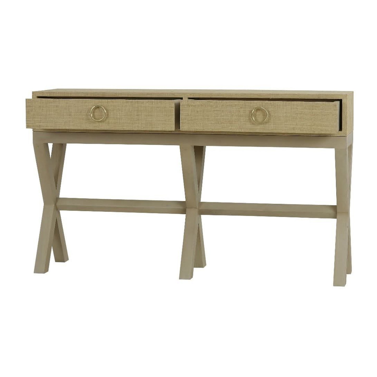 MONFORT MAHOGANY FRAME RAFFIA WRAPPED HALL TABLE/CONSOLE TABLE 2 DRAWERS SANDBAR