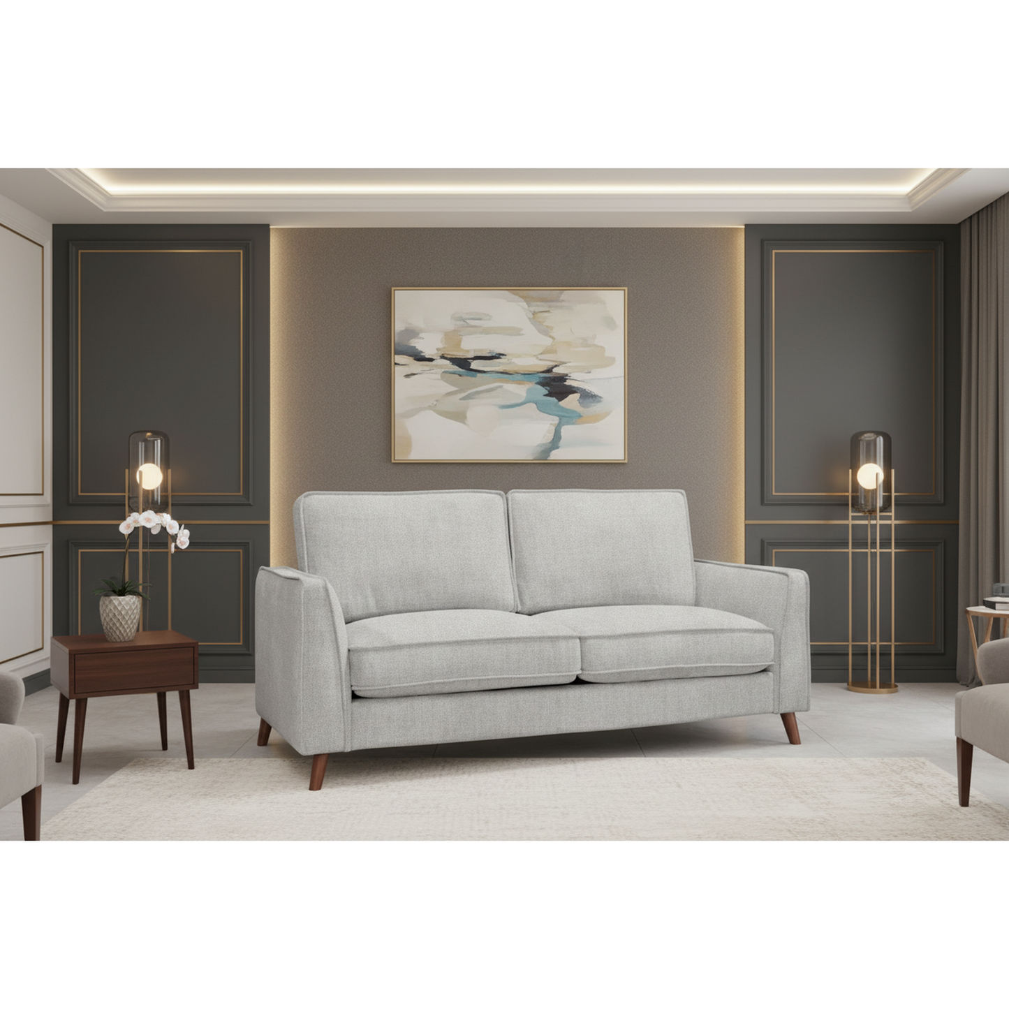 Mornay Fabric 2-Seater Sofa in Glacier - Chocolate Wood