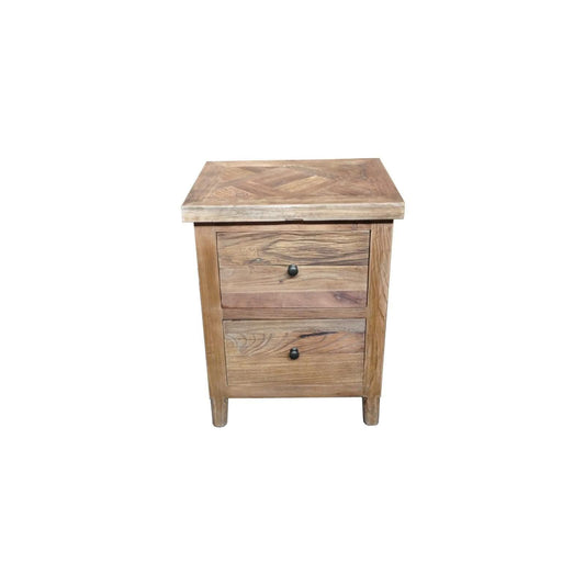 MORO RUSTIC RECYCLED ELM 2 DRAWER BEDSIDE TABLE PARQUETRY TOP 50CM - MyChocolateWood