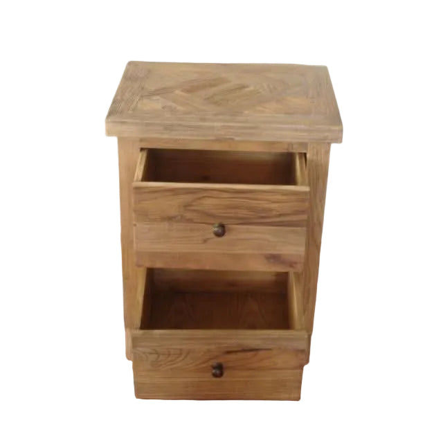 MORO RUSTIC RECYCLED ELM 2 DRAWER BEDSIDE TABLE PARQUETRY TOP 50CM - MyChocolateWood